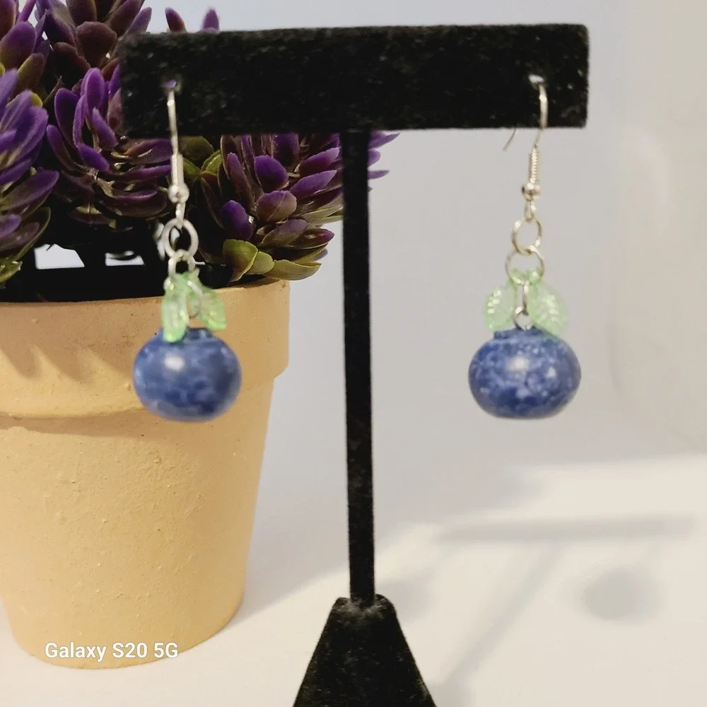 Handmade Blueberry and‎ Green Leaves Dangle Drop Earrings NEW Women's 1.5 inches